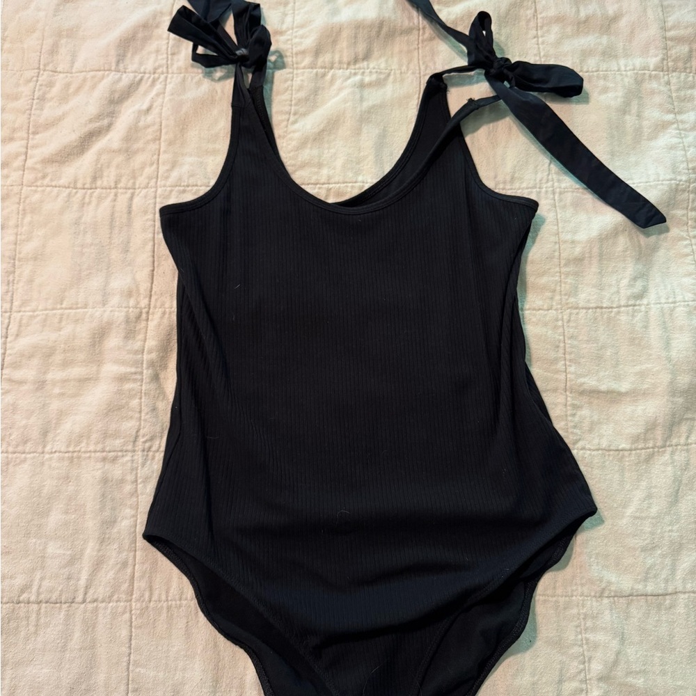 Black Ribbed Bodysuit with Bow Straps